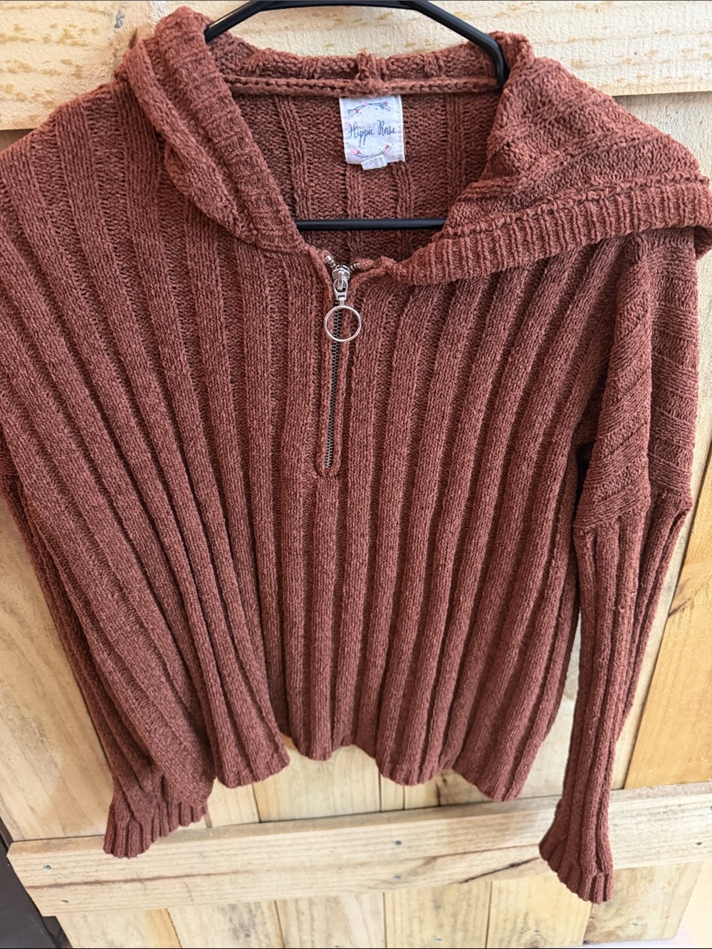Hippie Rose Women's Rust Ribbed Half-Zip Hooded Sweater
